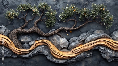 Serene Sculpture: A mesmerizing 3D rendering of a twisted tree sculpture with golden branches emerging from a rock formation, evocative of nature's resilience and intricate beauty.  photo