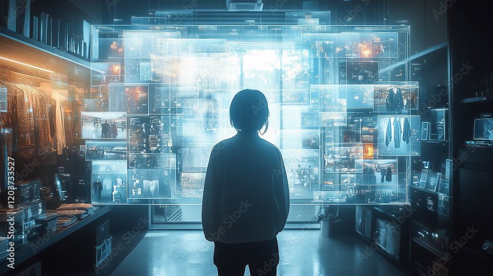 Holographic screen display, virtual catalog, clothes interface, futuristic retail, digital shopping, ideal for tech, fashion and marketing themes Holographic screen display, virtual catalog, clothes interface, futuristic retail, digital shopping, ideal for tech, fashion and marketing themes