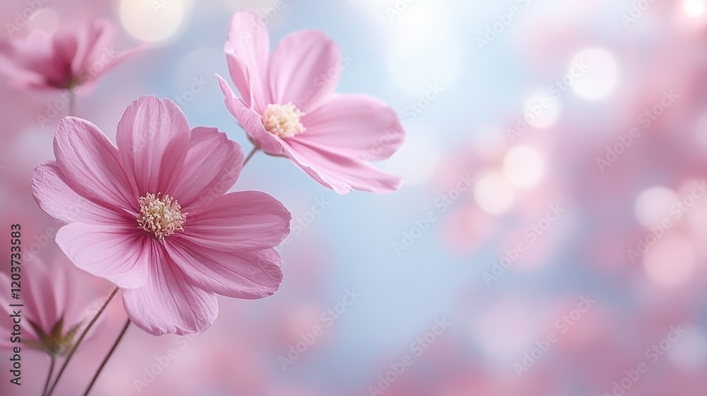 Delicate pink cosmos flowers blooming against soft blue bokeh background. March 8, International Women's Day. Mother's Day Delicate pink cosmos flowers blooming against soft blue bokeh background. March 8, International Women's Day. Mother's Day