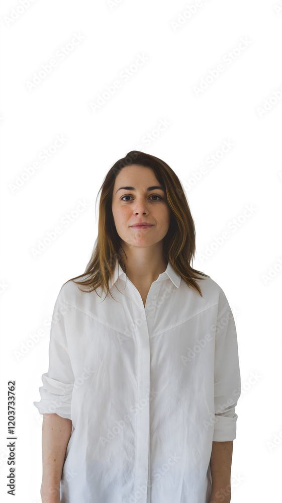 Timeless Portrait of a 35-Year-Old Woman in White Shirt with Medium-Length Hair Timeless Portrait of a 35-Year-Old Woman in White Shirt with Medium-Length Hair