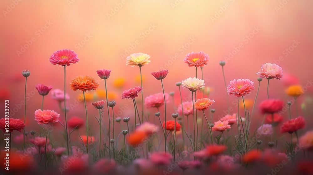 Fototapeta premium Vibrant pink and orange wildflowers blooming in a tranquil meadow at sunset. March 8, International Women's Day. Mother's Day