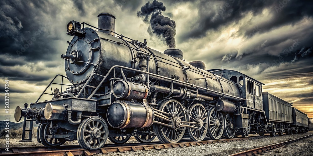 Obraz premium Historic Steam Locomotive Tender and Engine in Black and White
