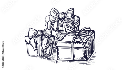 Present gift boxes. Art hand drawn retro sketch photo