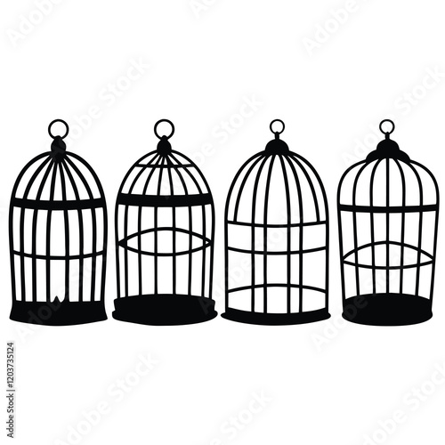 Minimalist bird cages, black silhouettes, vintage birdcage designs, decorative wire cages, empty bird cages, symmetrical cage arrangement, Victorian style bird enclosures, 