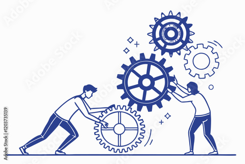 Business teamwork, interconnected gears, collaboration concept, blue monochromatic illustration, flat design, simplified human figures, problem-solving, synergy, machine learning, artificial intellige