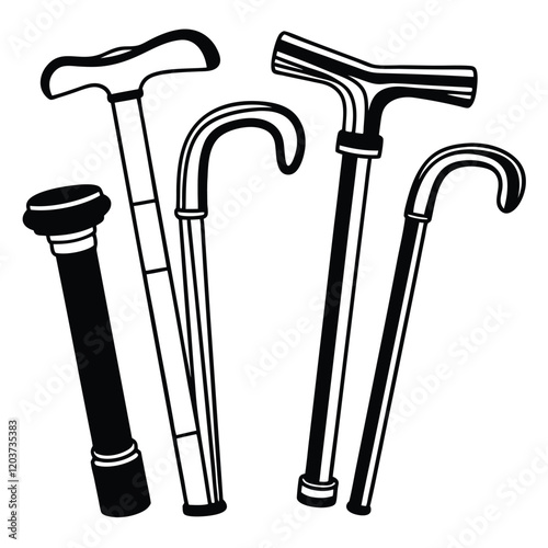 Walking sticks canes set  vector illustration, mobility aids, black and white illustration, line drawing, medical equipment, assistive devices, elderly support, orthopedic tools, 