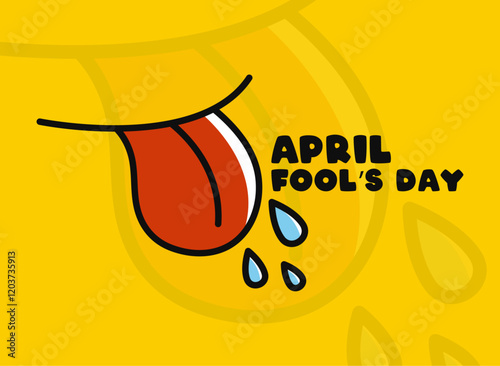 April Fool's Day. April 1. Tongue out mockingly. Line. Outline. Yellow background. Poster, banner, card, background.