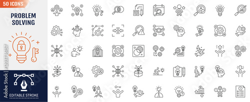 Problem solving line icon set. Editable stroke. Containing process, achievement, goal, solutions, resources, knowledge, professionals, identify icon. Vector illustration