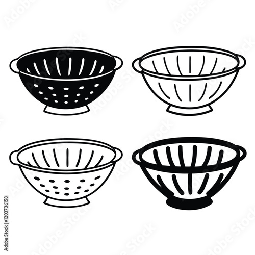 black and white illustration, kitchen utensils, colanders, strainers, set of four bowls, simple line drawing, minimalist design, culinary tools, kitchenware icons, symmetrical arrangement, cookware