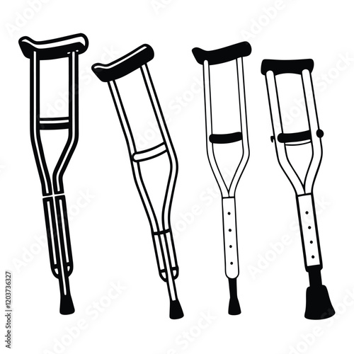 medical equipment, crutches, mobility aids, assistive devices, black and white illustration, simple line drawing, medical supplies, orthopedic tools, rehabilitation tools, walking aids, hospital gear,