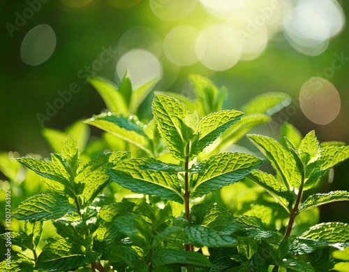 Mentha or mint plant in garden with bokeh background photo