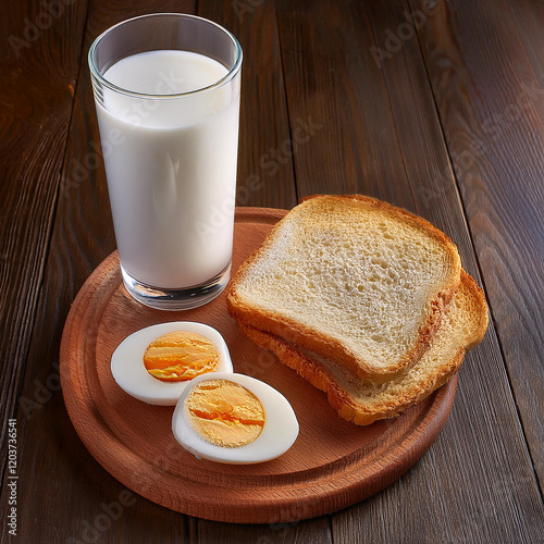 Simple breakfast menu. A glass of milk, two pieces of bread, a boiled egg halved.