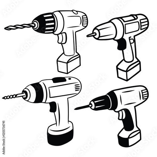 power tools, electric drills, cordless drills, black and white illustration, line drawing, hand tools, diy equipment, hardware store catalog style, technical drawing, simple shapes, minimalist design,