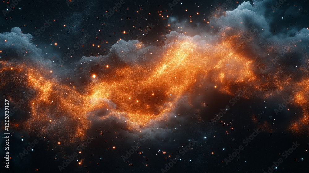 Naklejka premium Cosmic Inferno: A vibrant nebula bursts forth in a celestial tapestry, its fiery hues ignite the cosmos. A symphony of swirling gas and dust illuminate the infinite expanse.