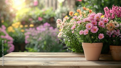 Sunlit garden with blooming pink flowers in clay pot on wooden table. March 8, International Women's Day. Mother's Day