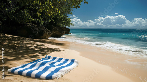 A blue and white striped towel lies on the soft sand of a beach, with the ocean breeze gently rustling the fabric under a clear sky. photo