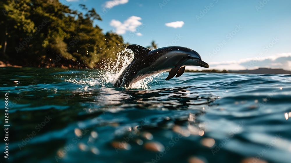 Fototapeta premium A captivating dolphin breaches the ocean surface against a scenic backdrop