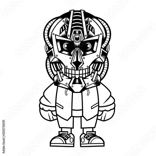 Mascot character design cartoon Skull mechanical robot outline