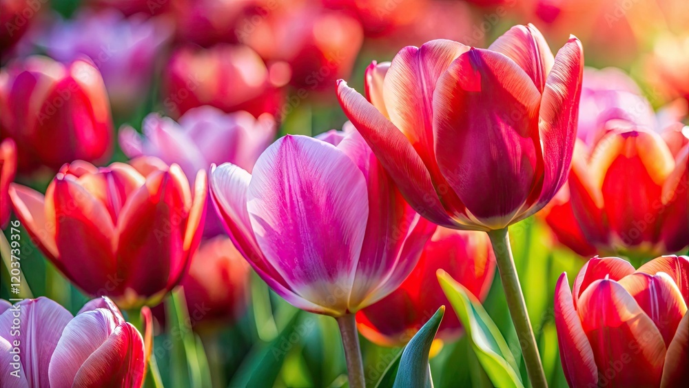 Obraz premium Stunning Macro Photography of Red and Pink Tulips Close-Up, Capturing Vibrant Colors, Petal Textures, Nature's Beauty, Floral Details, Spring Garden, Botanical Splendor, Floral Art
