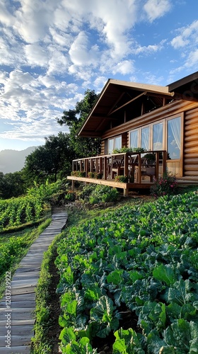 A serene ecofarm with wooden cabins surrounded by organic vegetable fields, offering immersive farmstay experiences photo