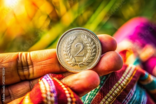 Indian Two Rupee Coin in Hand - Closeup Stock Photo photo