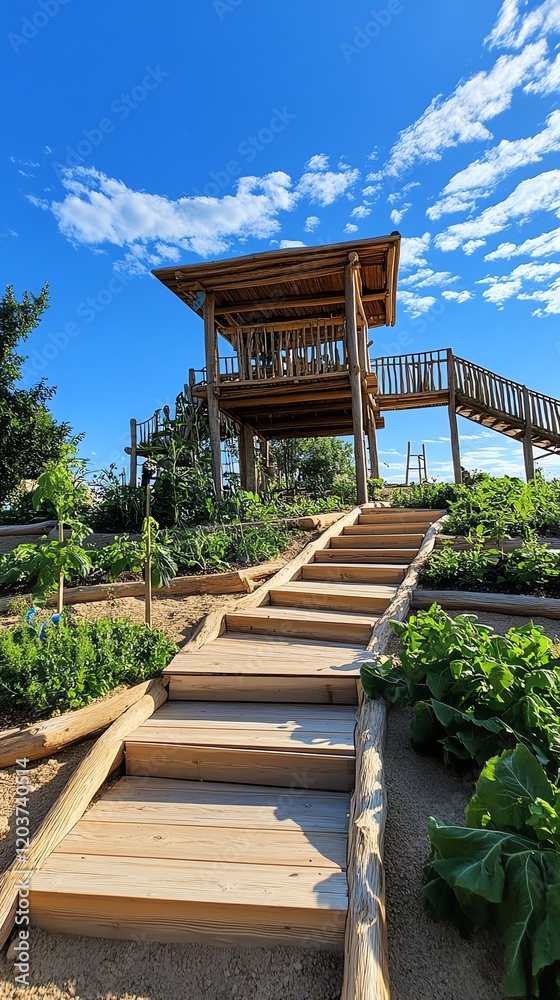 An ecofarm adventure playground for children, constructed from natural materials and surrounded by vegetable gardens An ecofarm adventure playground for children, constructed from natural materials and surrounded by vegetable gardens