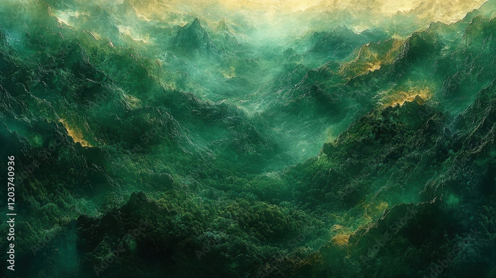 Fototapeta premium Mystical green forest: enchanting mountain scene and majestic sunrise landscape