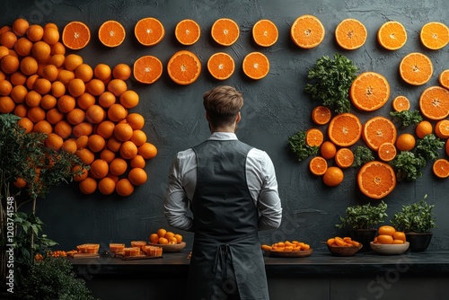 Creative orange display for promotional flyer design in a modern kitchen setting photo