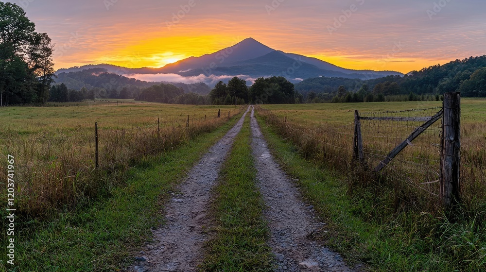 Sunrise over mountain, rural road, peaceful dawn, scenic landscape, nature photography Sunrise over mountain, rural road, peaceful dawn, scenic landscape, nature photography
