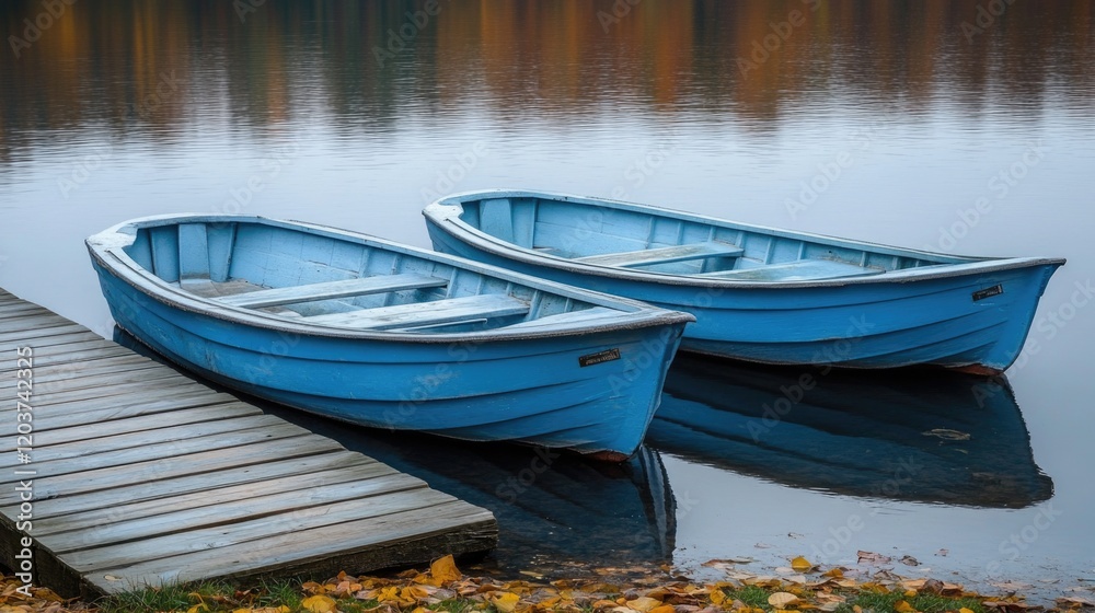 Two blue boats moored on calm lake with autumn leaves and wooden dock Two blue boats moored on calm lake with autumn leaves and wooden dock