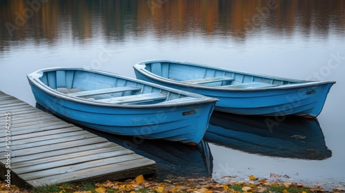 Wallpaper Mural Two blue boats moored on calm lake with autumn leaves and wooden dock Torontodigital.ca