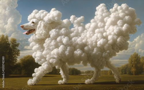 Surreal Illustration of a Poodle Made of Fluffy Clouds, Highlighting Creativity, Fantasy, and Dreamlike Whimsical Art photo