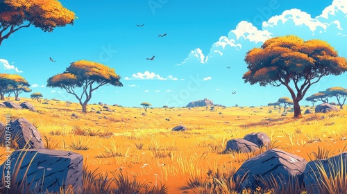 African savanna landscape with golden trees under blue sky Generated AI