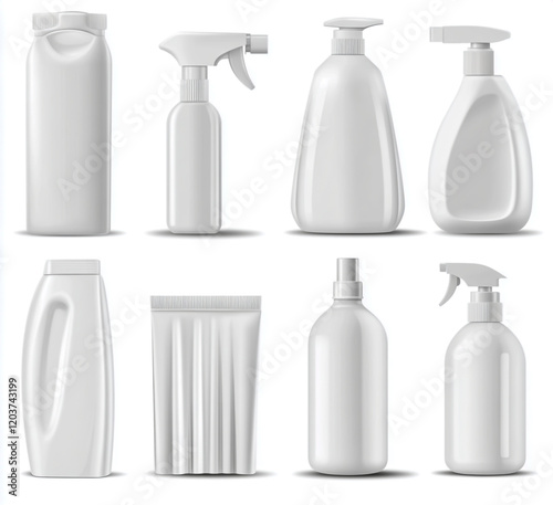 A collection of various white plastic clear bottles, spray bottles and tubes neatly arranged, isolated on a clean white background. photo