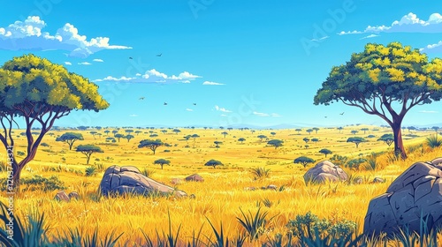 African savanna landscape with blue sky, sparse trees and rocks, Generated AI