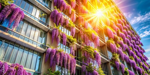 Iochroma Flower Architectural Detail: Vibrant Purple Blooms Against Modern Building photo