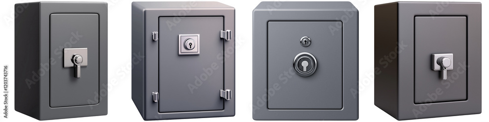Cyber security and sleek, A collection of four metal safes showcasing different designs and locking mechanisms. Cyber security and sleek, A collection of four metal safes showcasing different designs and locking mechanisms.