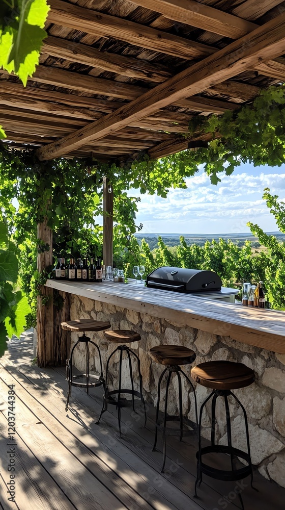 Fototapeta premium Outdoor kitchen in a rural setting with a stone grill, wooden bar, and pergola draped with grapevines