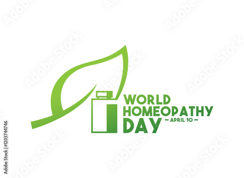World Homeopathy Day. April 10. Herbal leaf and medicine bottle. Gradient. White background. Poster, banner, card, background.