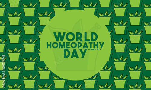 World Homeopathy Day. April 10. Seamless pattern stone pestle and herbs. Flat design vector. Poster, banner, card, background.