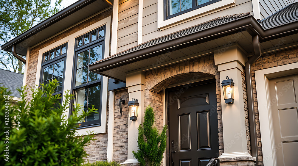 Obraz premium Luxury House Exterior: Brick Facade, Modern Design, and Elegant Entrance. Real Estate Photography