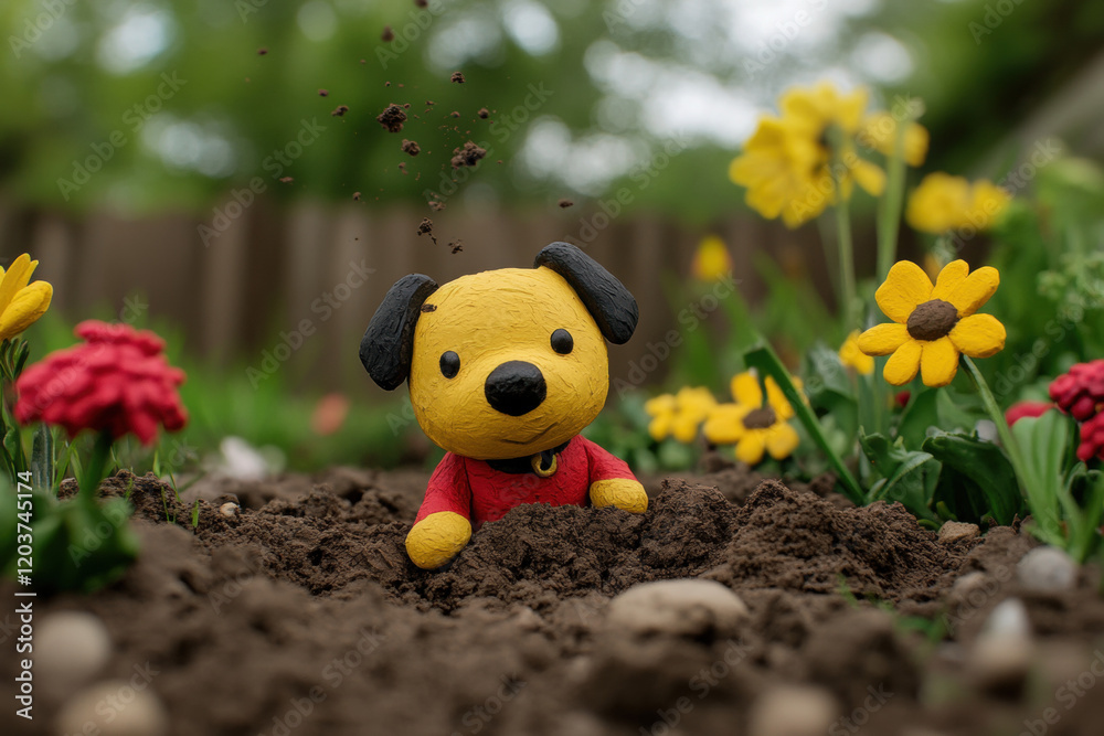 Claymation dog, A claymation dog is depicted digging a hole in a flower bed, showcasing high fidelity details and vibrant colors in this unique digital artwork. Claymation dog, A claymation dog is depicted digging a hole in a flower bed, showcasing high fidelity details and vibrant colors in this unique digital artwork.