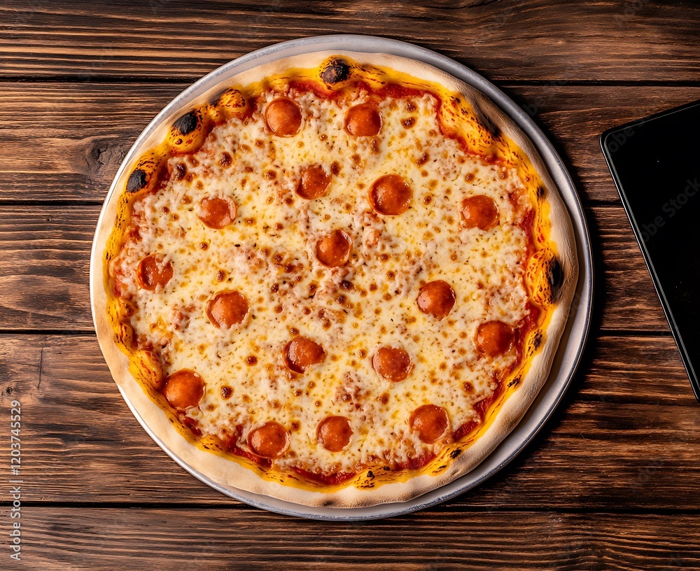 Overhead view of a cheese pizza with pepperoni on a wooden table. Overhead view of a cheese pizza with pepperoni on a wooden table.