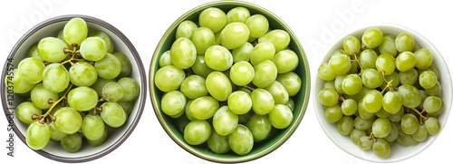 Top view bowl of fresh green grapes isolated on transparent background, showcasing their vibrant color and juicy texture. Perfect for healthy eating and refreshing summer vibes. 