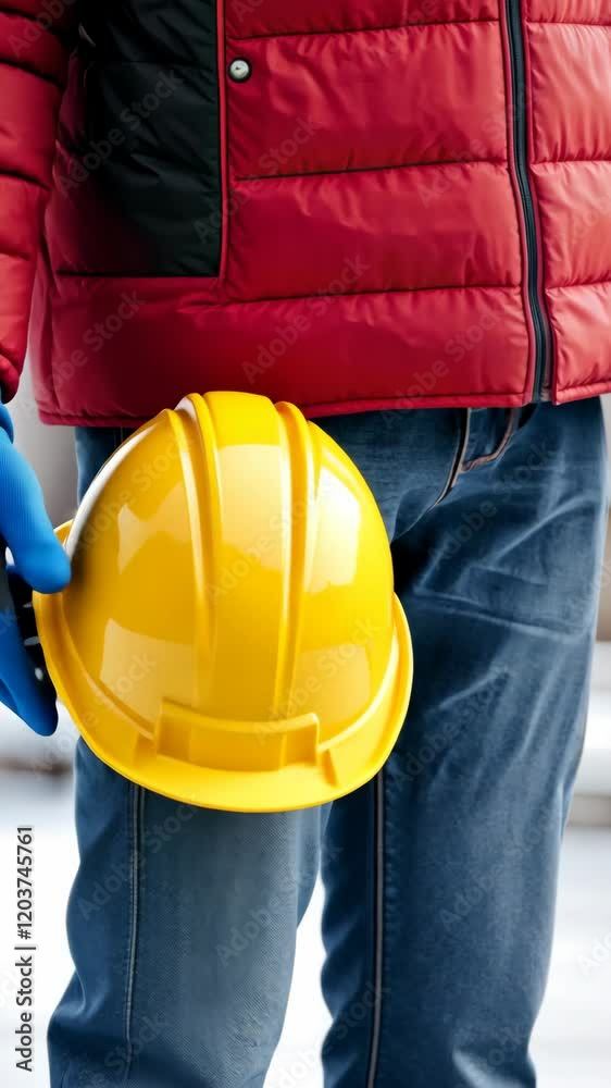 A construction worker diligently gets ready to implement essential safety measures while navigating a snowy landscape during the winter season