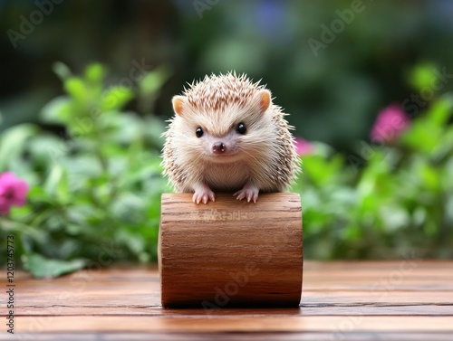 Hedgehog curled into a defensive ball with sharp spines visible demonstrating its natural defense mechanism in a calm outdoor environment. photo