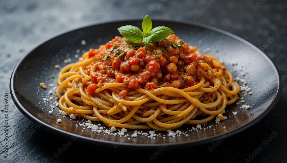 Overhead view of Dark plate with italian spaghetti on black background Overhead view of Dark plate with italian spaghetti on black background