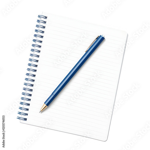 A blank notebook with a blue pen ready for ideas and notes to be written., isolated on a transparent background.