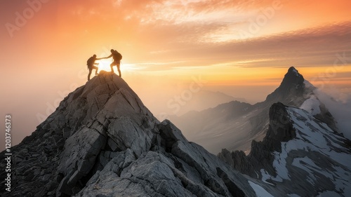 Two people are climbing a mountain