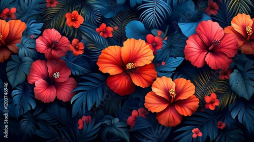 Tropical Hibiscus Bloom: A vibrant tapestry of lush tropical foliage and blooming hibiscus flowers, capturing the essence of a sun-kissed paradise.